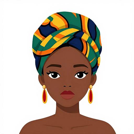 Digital illustration of a dark-skinned African woman with a colorful blue and yellow headwrap, red lips, gold earrings, and large black eyes, against