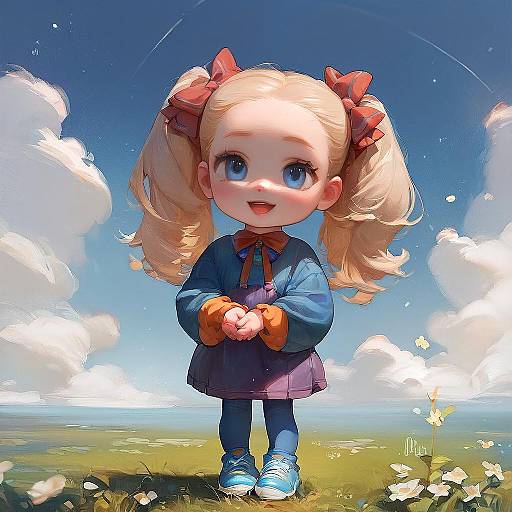 Digital illustration of a cute, blonde-haired, blue-eyed little girl with pigtails, red bows, wearing a blue dress and orange gloves, standing