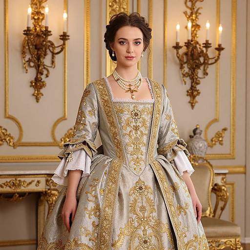 Photograph of a dark-haired woman in an elaborate, gold-embroidered, light-gray Renaissance-style gown, standing in an opulent, gold
