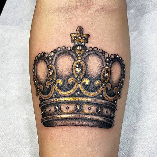 Photograph of a black and gold intricately detailed tattoo of a crown on a person's inner forearm, with a textured white cloth background.