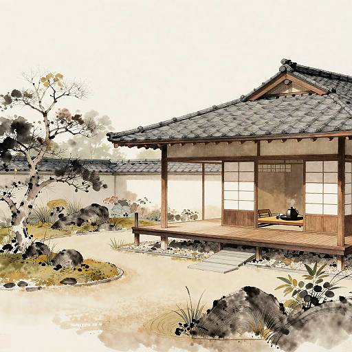 Minimalist Japanese Tea House Illustration