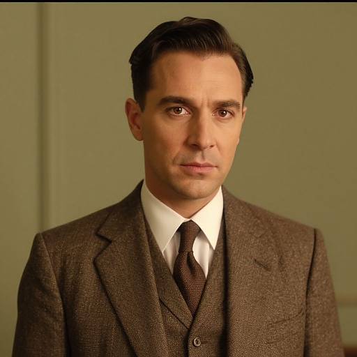 Photograph of a serious, dark-haired man with olive skin, wearing a brown tweed suit, white shirt, and brown tie, against a plain