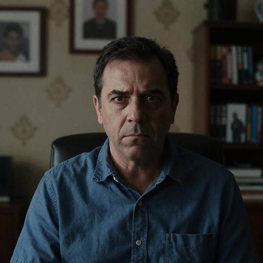 Serious Middle-Aged Man in Blue Shirt Indoors