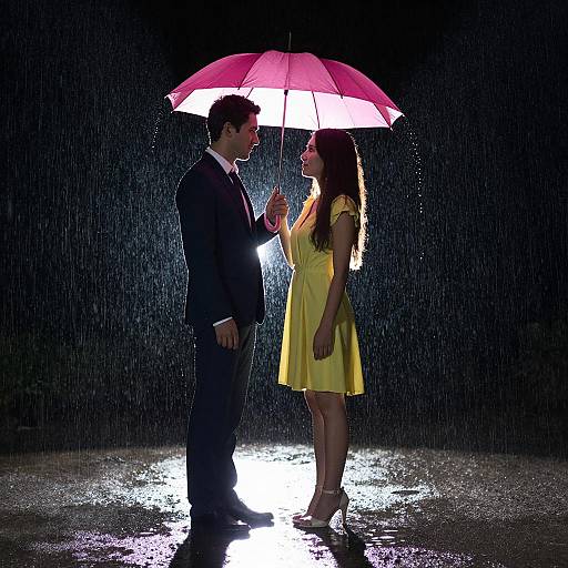 Couple Standing Under Pink Umbrella in Rain