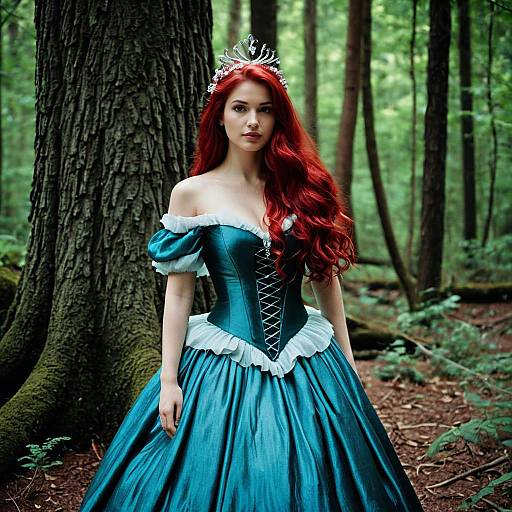 Woman in Blue Princess Dress with Red Hair in Forest
