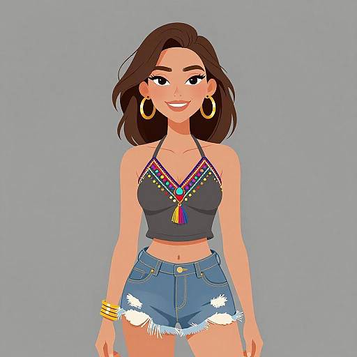 Digital illustration of a smiling woman with tan skin, brown hair, large gold hoop earrings, black crop top with colorful embroidery, and blue denim shorts with
