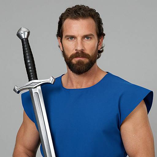 Photograph of a muscular, bearded man with blue shirt, holding a large, silver sword with black hilt, against a plain gray background.