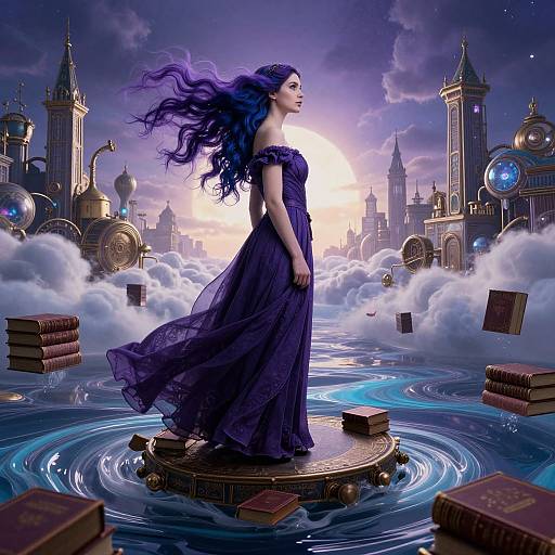 Digital art: Gothic woman with flowing purple hair in a dark off-shoulder dress stands on a floating book platform over a mystical, moonlit city
