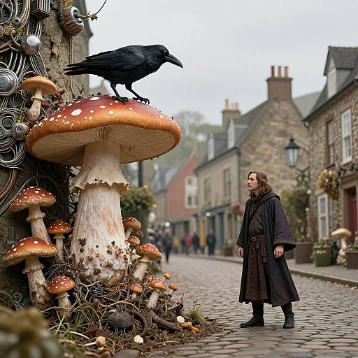 Photograph of a cobblestone street in a quaint village with oversized mushrooms, a black crow on top, and a woman in a dark coat standing