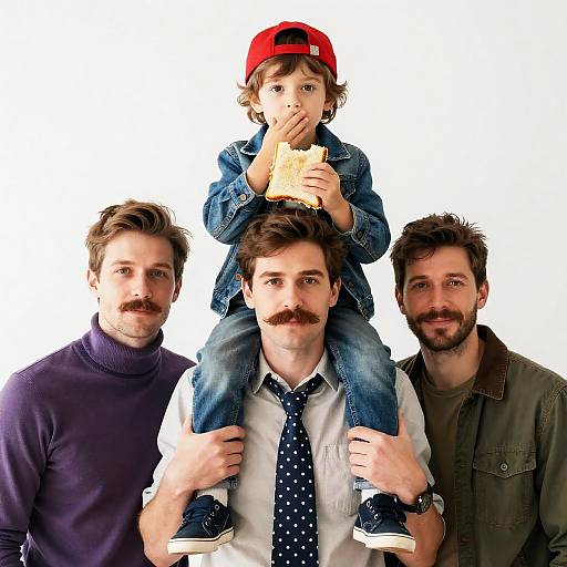 Three Men with Child on Shoulders Holding Sandwich