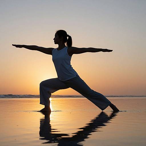 Silhouetted woman in yoga pose on wet beach at sunset, wearing white tank top and pants, arms and legs extended, reflecting in calm water