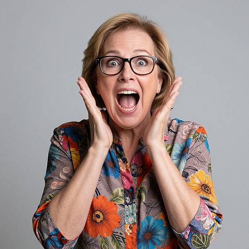 Photograph of a middle-aged woman with blonde hair, black-rimmed glasses, surprised expression, hands on cheeks, wearing a colorful floral blouse against