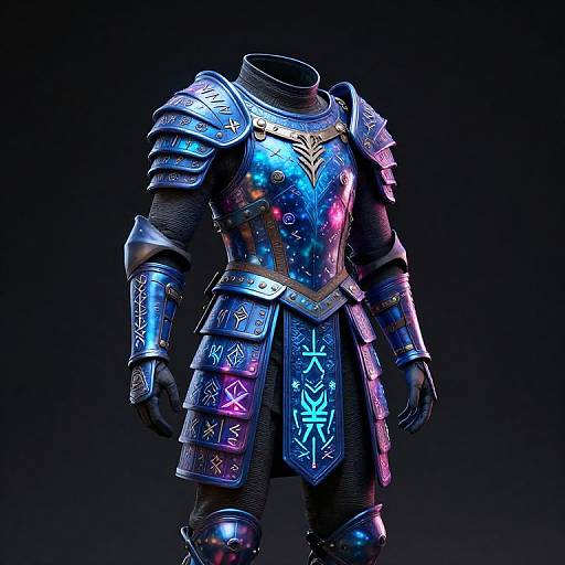Glowing, neon-accented medieval armor with intricate blue and purple runes, metallic textures, and black background; futuristic fantasy style CGI rendering.
