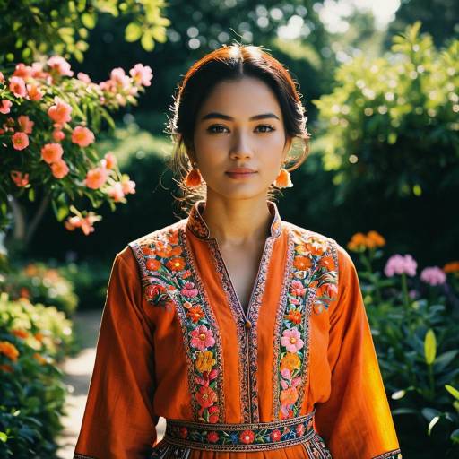 Woman in Embroidered Orange Dress Outdoors