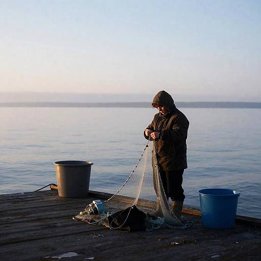 Solitary Fisherwoman Mending Nets at Dawn