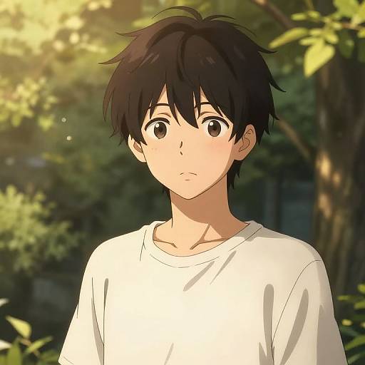 Anime-style digital illustration of a young boy with black hair, large brown eyes, and a white shirt, standing in a sunlit forest.