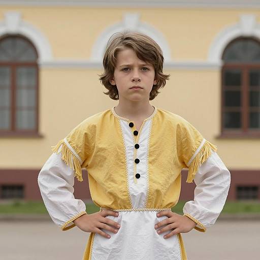 Boy in Traditional Yellow and White Costume
