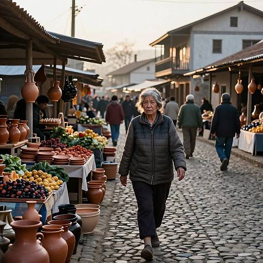 Photograph of an older Asian woman with gray hair, wearing a black puffer jacket, walking down a cobblestone street of a bustling outdoor market