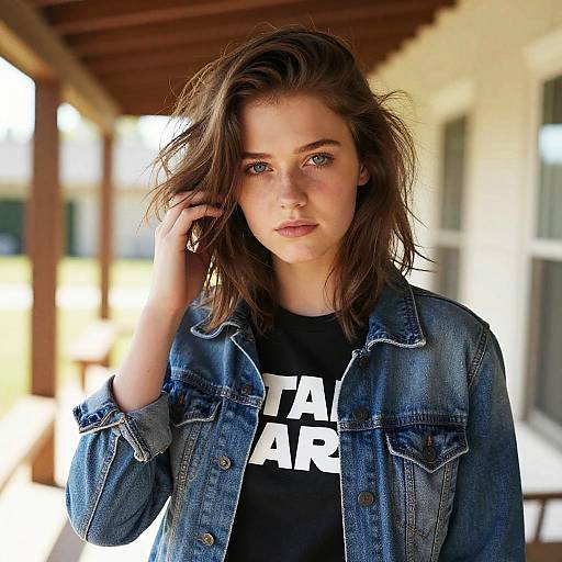 Photograph of a young woman with tousled brown hair, wearing a denim jacket over a black 