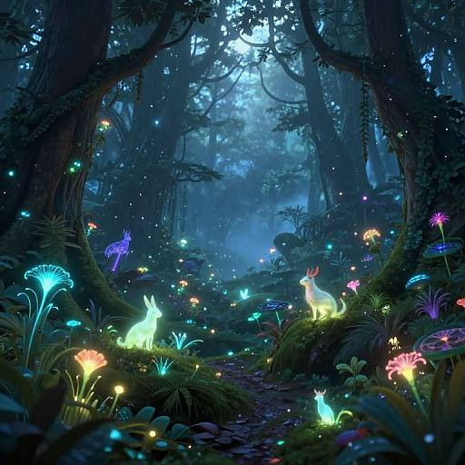 Digital fantasy art: Luminous forest at night, glowing mushrooms and creatures, including a neon bunny, under a moonlit blue sky.