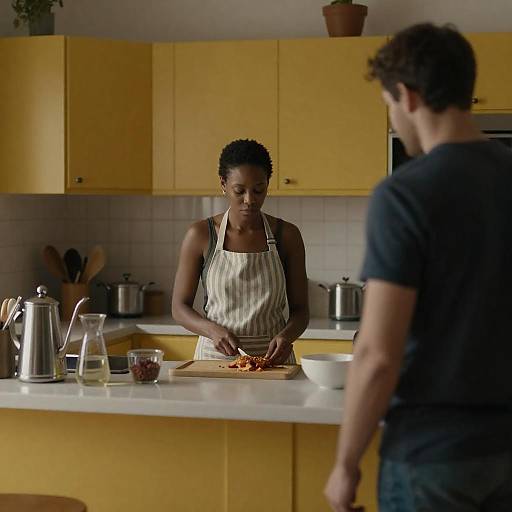 Dimly Lit Kitchen Couple with Yellow Cabinets