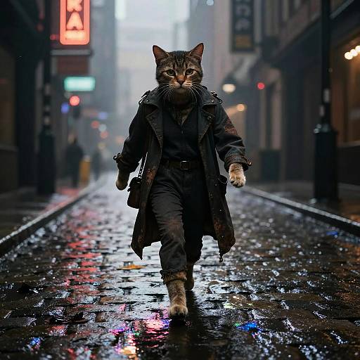 Photograph of a tabby cat in a long black coat and pants, walking confidently on a wet, neon-lit city street at night.