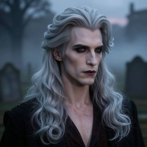 Photograph-style digital art of a pale, serious-looking man with long, wavy silver hair, dark makeup, and a black coat, standing in