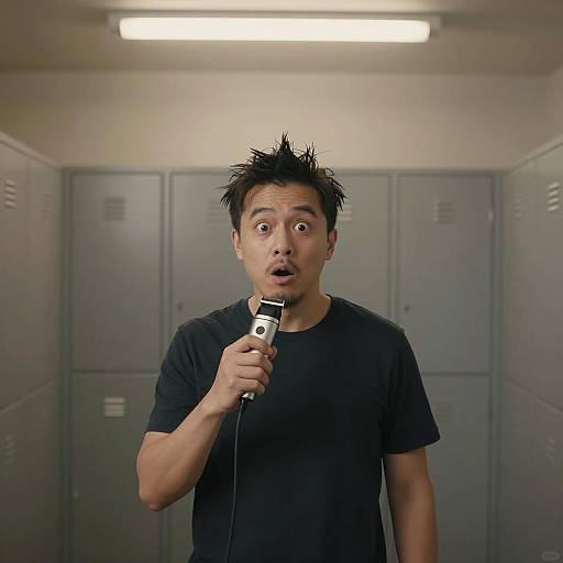 Surprised Man Holding Beard Trimmer in Locker Room