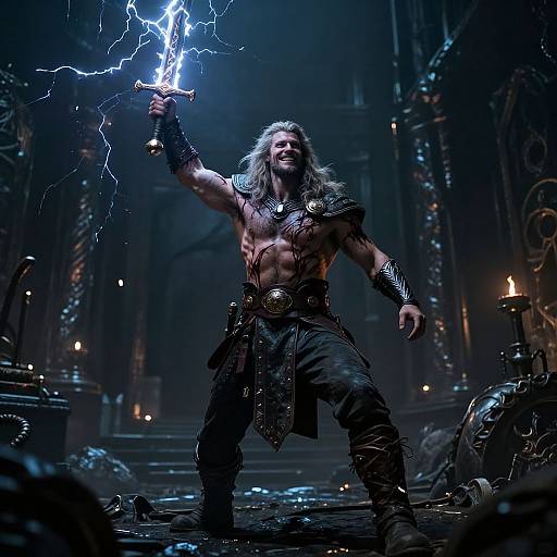 Photorealistic CGI of a muscular, long-haired warrior with glowing blue lightning sword, bare-chested, in dark, ornate, gothic cathedral