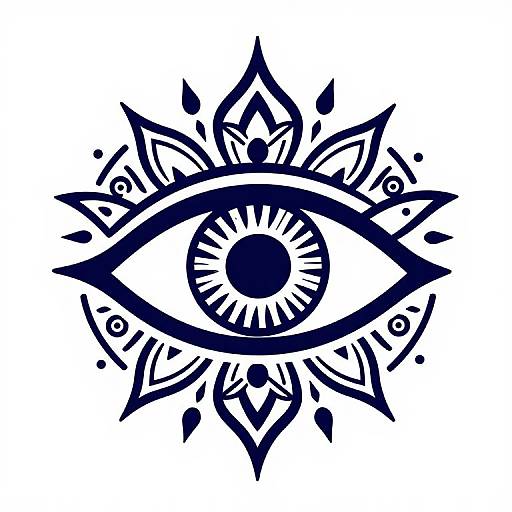 Intricate black tribal-style design of an eye with radiating geometric patterns and symbols, set against a plain white background. Digital illustration.