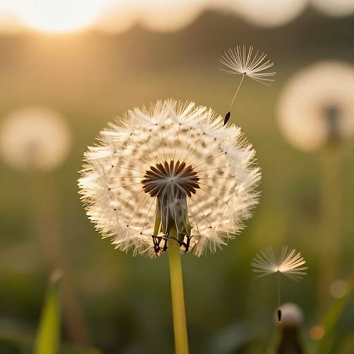 Close-up photograph of a glowing white dandelion clock in sunlight, with blurred green and yellow background, highlighting delicate seeds.