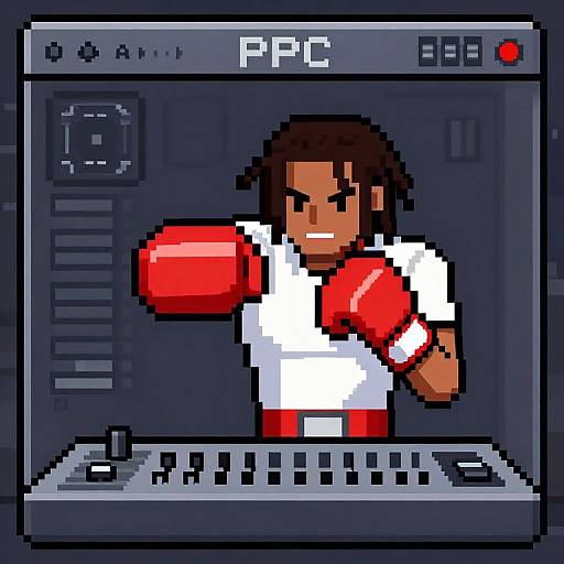 Pixel art of a dark-skinned boxer with brown hair, wearing a white shirt and red boxing gloves, DJing in front of a DJ mixer.