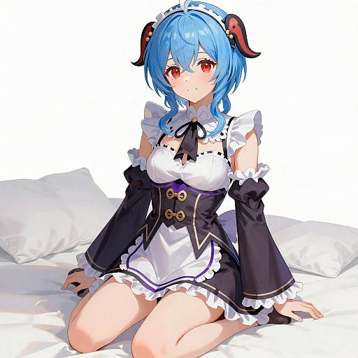Digital anime-style drawing of a blue-haired girl with red eyes, black and white maid outfit, black horns, sitting on white pillows.