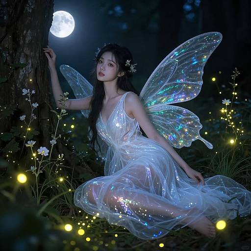 Photograph of a fair-skinned, long-haired woman in a glowing, translucent white dress and iridescent wings, sitting by a moonlit tree