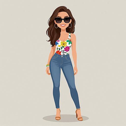 Digital illustration of a smiling woman with long brown hair, wearing black sunglasses, a colorful floral tank top, blue jeans, and beige heels.
