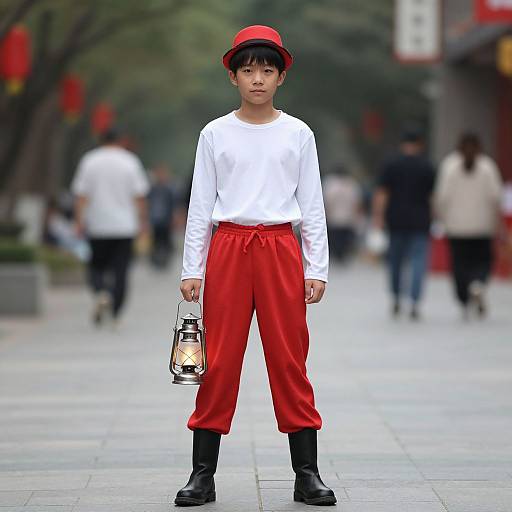 Photograph of a young Asian boy in a white long-sleeve shirt, red pants, black boots, red cap, holding a lantern, standing
