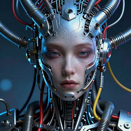 Digital art of a pale-skinned, blue-eyed woman with a cybernetic face, surrounded by metallic wires and circuitry, in a dark,