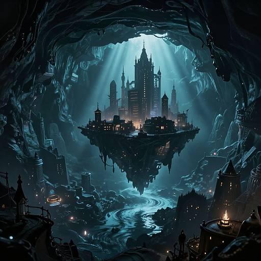 Digital artwork of a floating, Gothic-style city illuminated by blue moonlight, viewed from a dark, cavernous entrance with a winding river below.