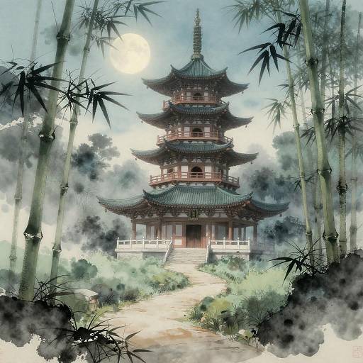 Digital painting of a traditional Chinese pagoda surrounded by tall bamboo stalks, misty atmosphere, and bright full moon in the background.