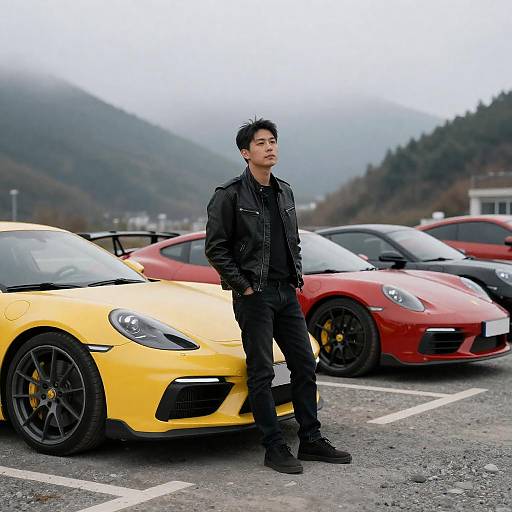 Man with Yellow Sports Car in Mountains