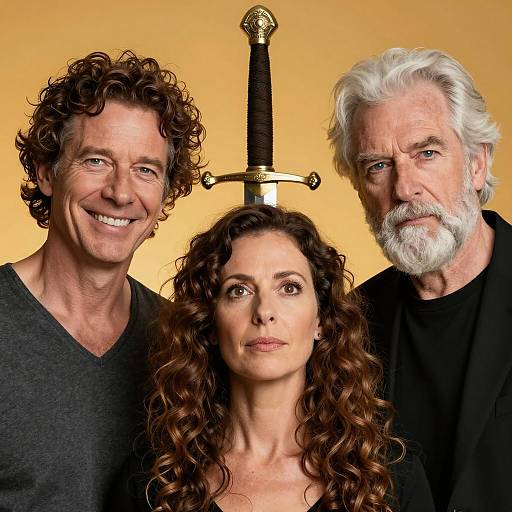 Diverse Trio with Sword Hilt Background