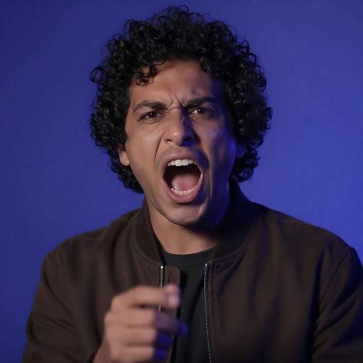 Angry Man with Curly Hair in Brown Jacket