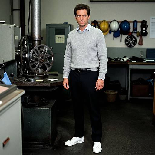 Photograph of a serious-looking man with short dark hair, wearing a white sweater, black pants, and white socks, standing in a cluttered workshop