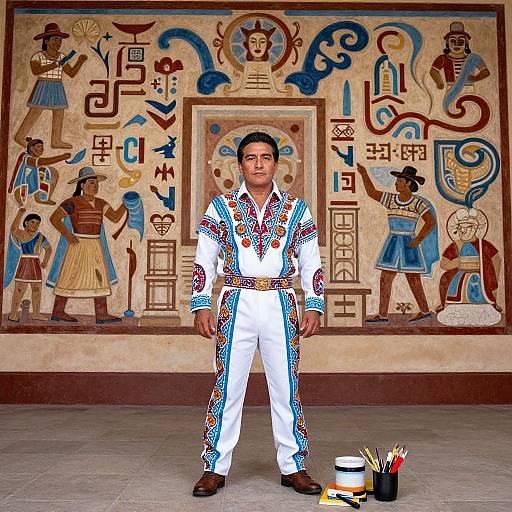 Photograph of a man in colorful, traditional Aztec-style suit, standing in front of detailed, vibrant Aztec mural, with art supplies on the