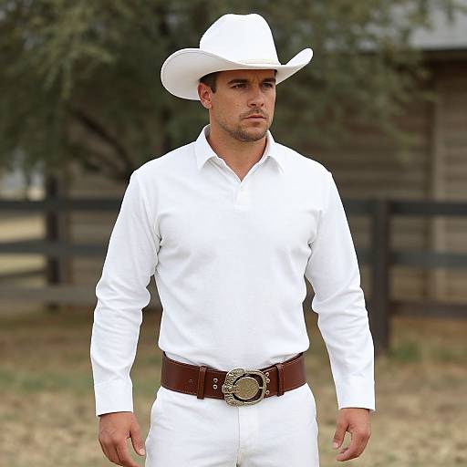 Photograph of a serious, medium-build man in white cowboy outfit, white hat, brown belt, standing outdoors near a wooden fence.