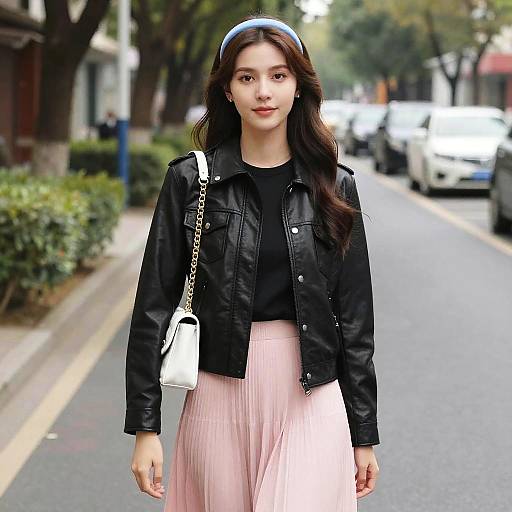 Photograph of an East Asian woman with long brown hair, wearing a black leather jacket, black top, pink pleated skirt, white shoulder bag,