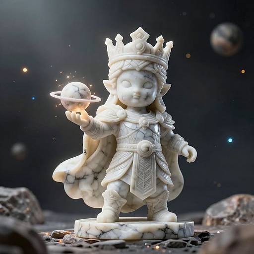 Photorealistic CGI of a white marble statue of a smiling, crowned, celestial child holding a glowing planet, set against a dark, starry space
