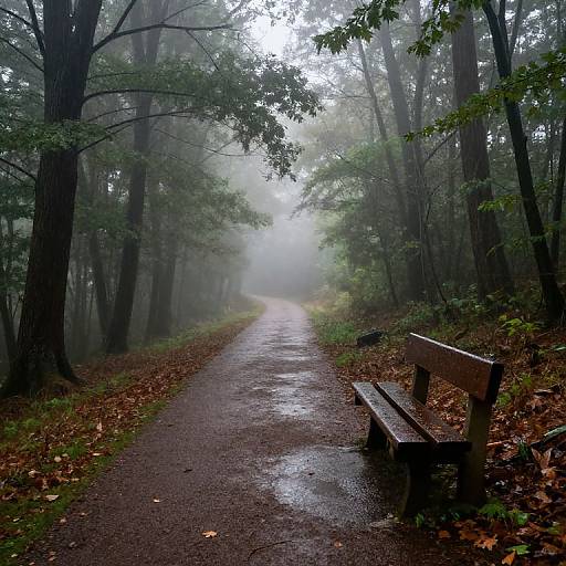Photograph of a foggy, wet forest path with a wooden bench on the right, surrounded by tall trees and fallen leaves.