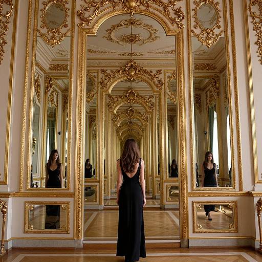 Photograph of a woman in a black dress standing before ornate, gold-framed mirrors in an opulent, baroque-style room with elaborate ceiling