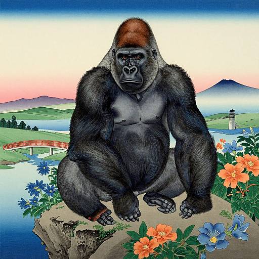 Illustration of a muscular, black-furred gorilla with a brown head, sitting on a rock amidst colorful flowers, a lake, and a distant